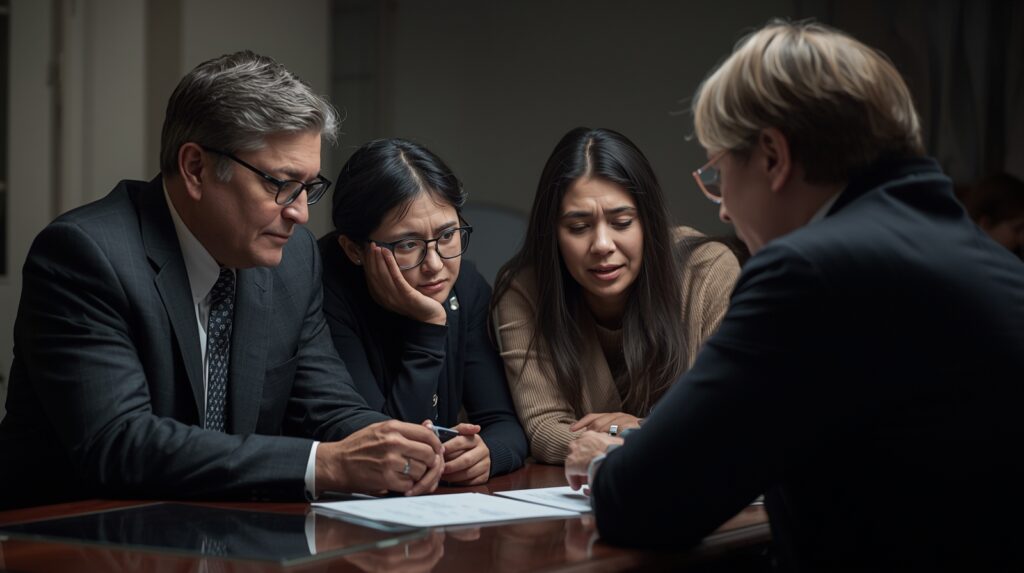 Grieving family making at-need funeral arrangements at a funeral home