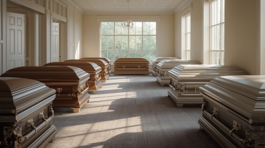 Casket showroom with wood and metal caskets on display