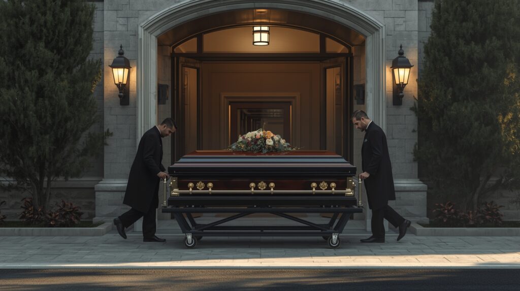 Casket being delivered outside funeral home