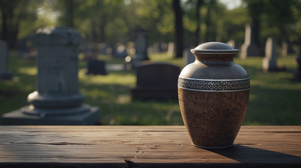 Cremation urn on table with cemetery in background