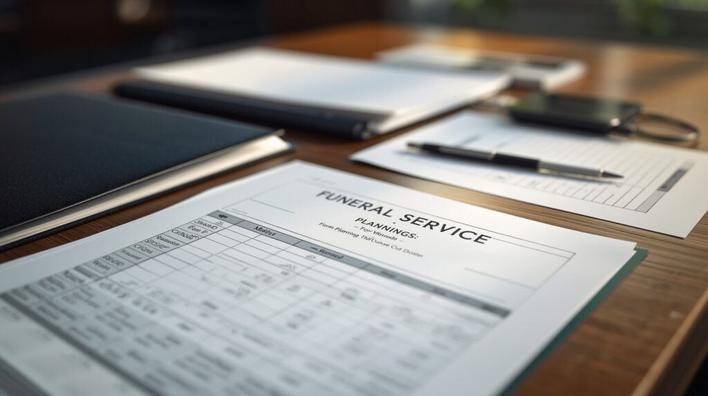 Funeral service planning documents arranged on a table