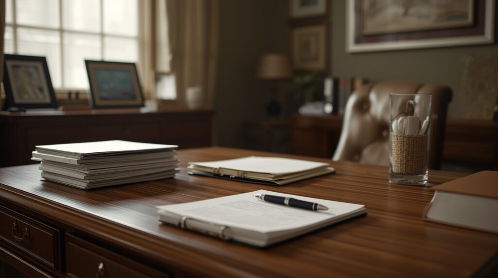 Funeral home office setting where families discuss funeral arrangements