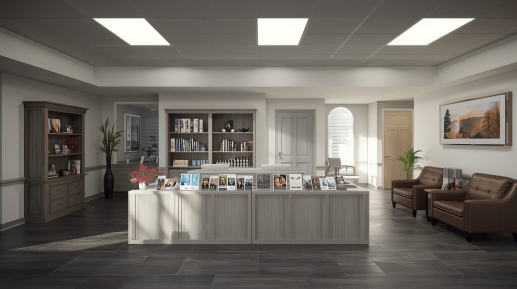 Funeral home reception area with informational materials
