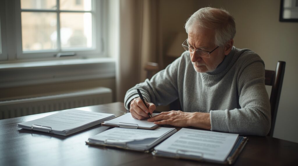 Person calmly preparing a funeral planning checklist at home