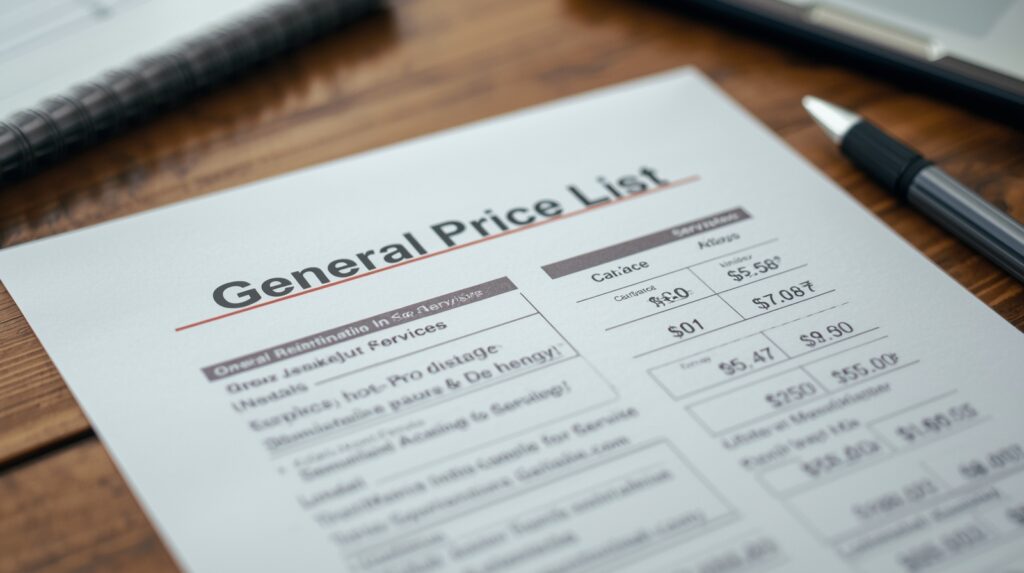 Funeral home general price list showing transparent pricing