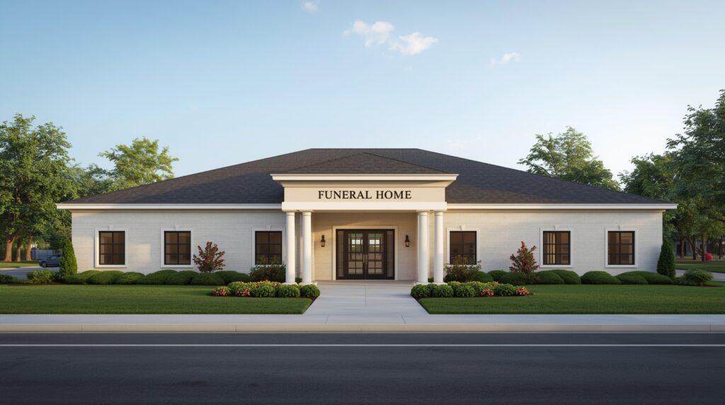 Exterior of a modern funeral home, calm and respectful setting