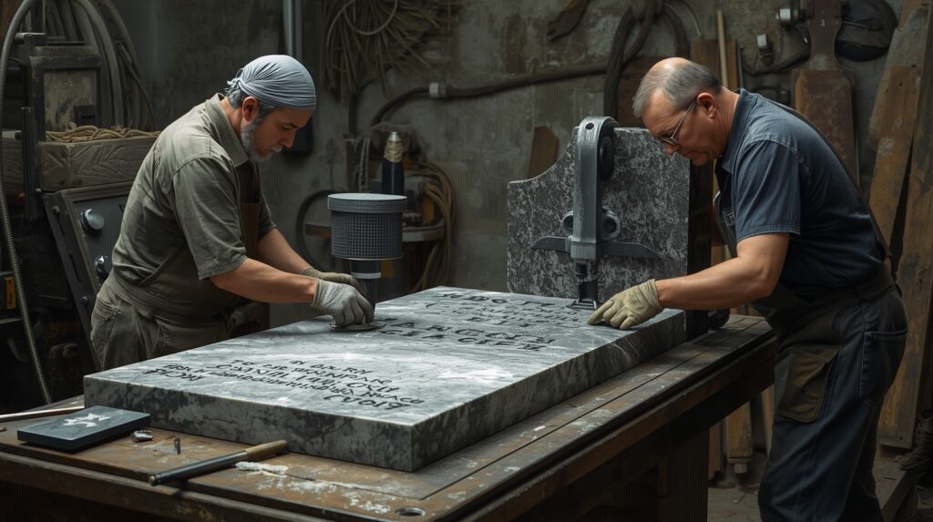 Artisans crafting a custom grave marker
