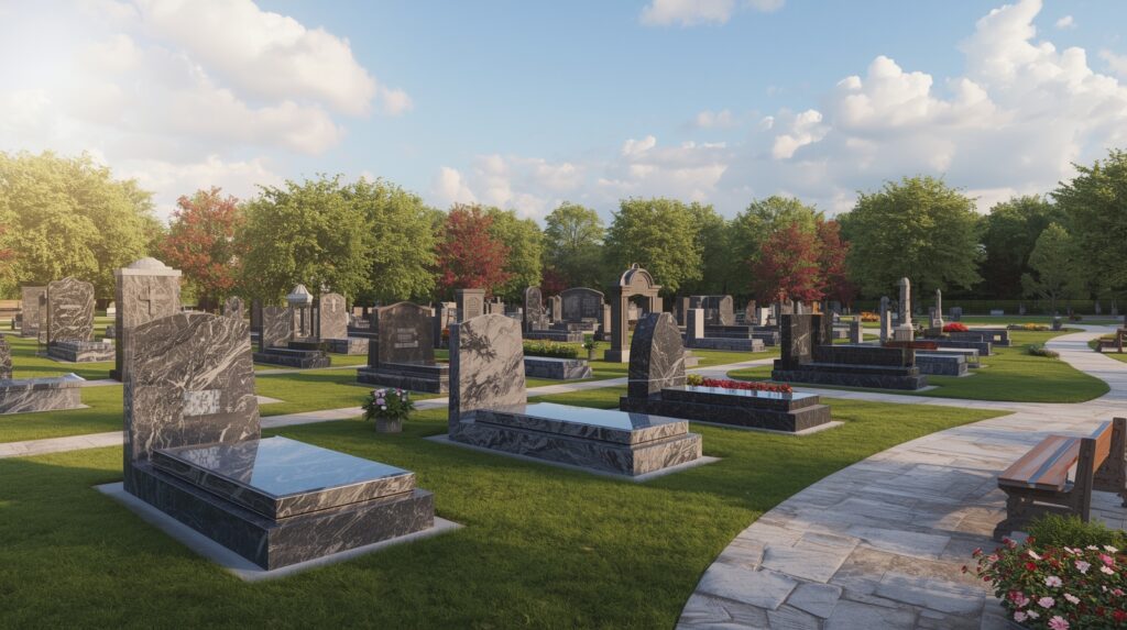 Various headstones available for selection outside a funeral home