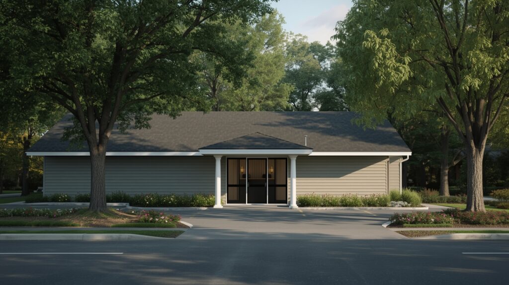 Environmentally friendly funeral home with natural landscaping
