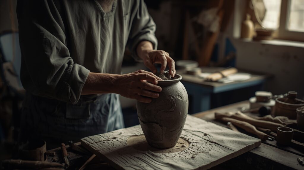 Artisan handcrafting a cremation urn in a workshop