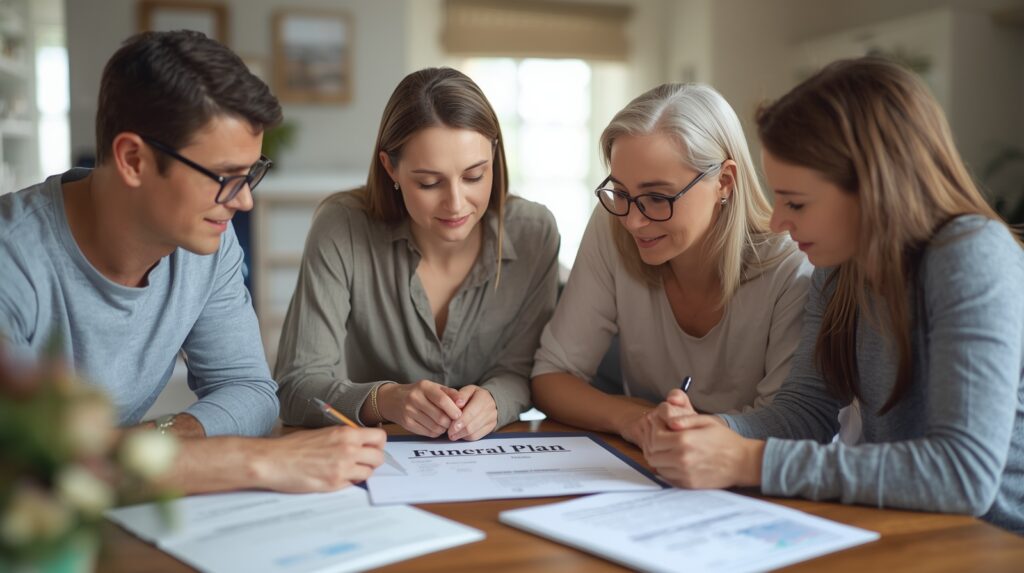 Family calmly reviewing pre-need funeral planning documents at home