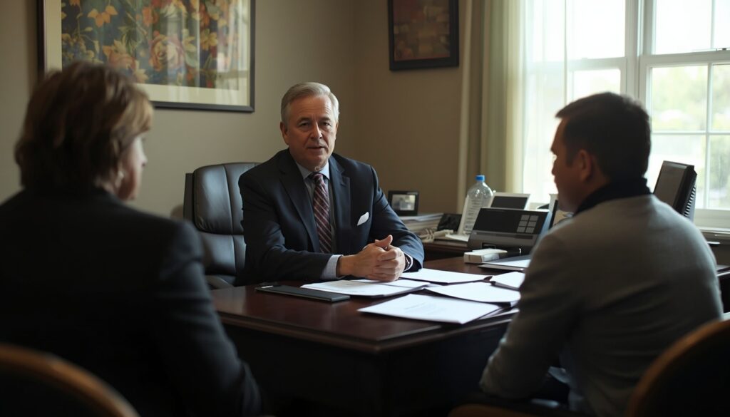 funeral director discussing arrangements with family in a professional setting