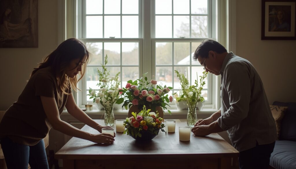 Family preparing a memorial space at home