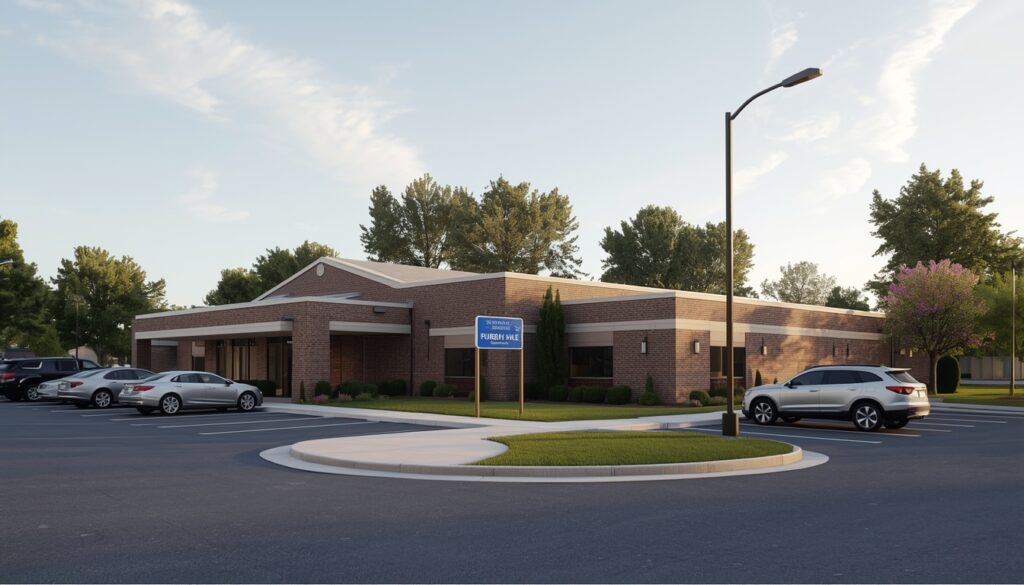 Modern funeral home exterior in the United States